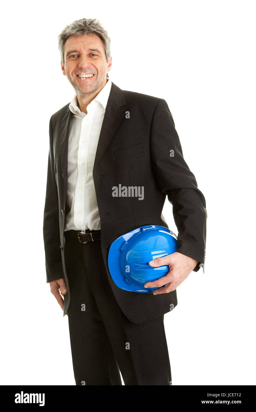 Portrait of successfull architect wearing blue hard hat. Isolated on