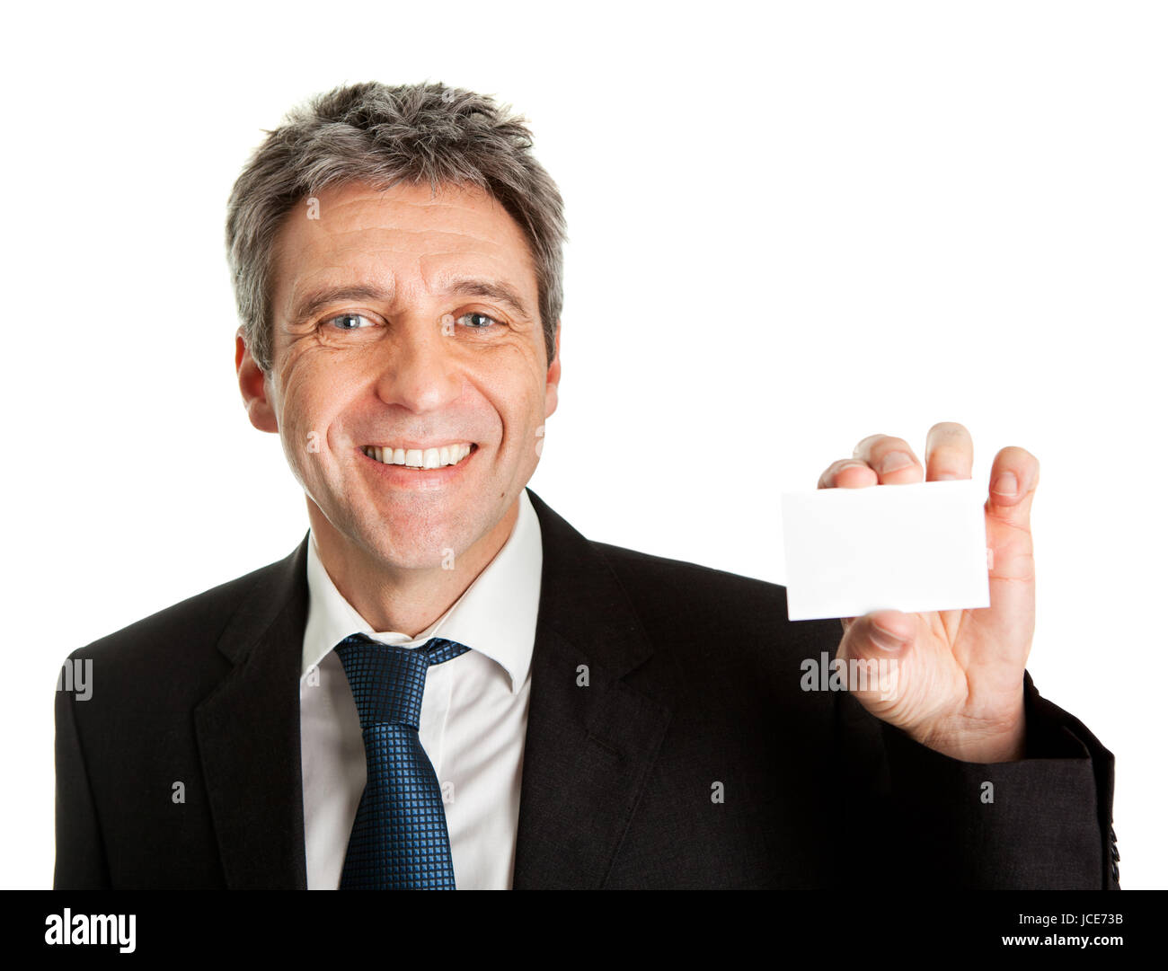 Businessman Holding Blank Card Isolated On White Stock Photo Alamy