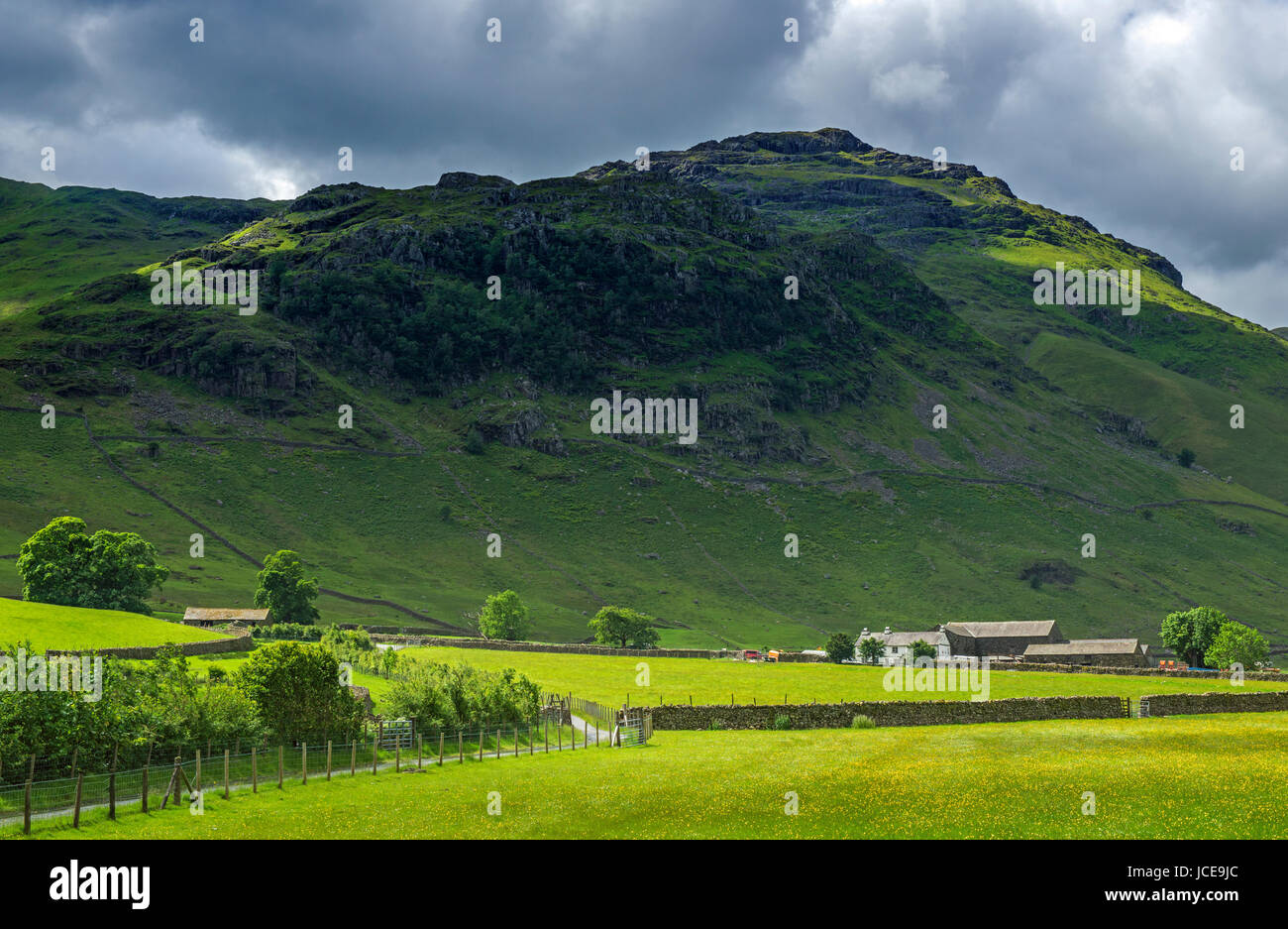 Wall End Farm and Kettle Crag Langdale Valley Lake District Stock Photo