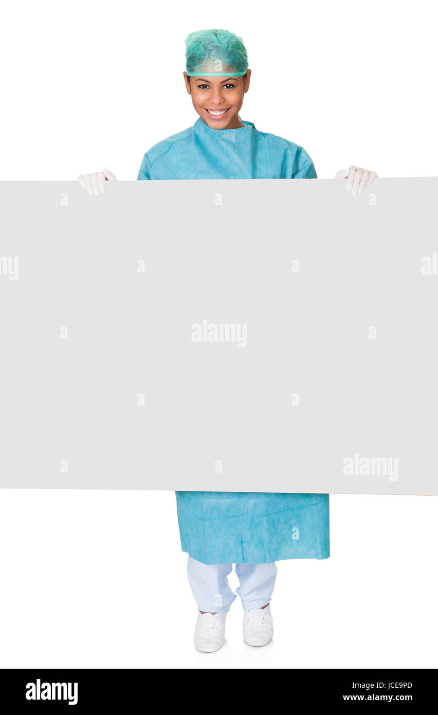 Happy Female Surgeon Holding Placard. Isolated On White Stock Photo - Alamy