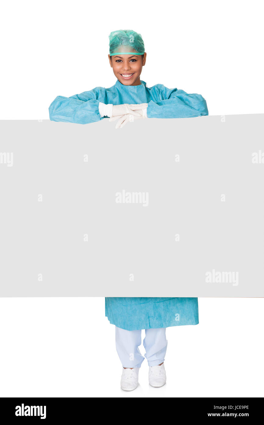 Happy Female Surgeon Holding Placard. Isolated On White Stock Photo - Alamy