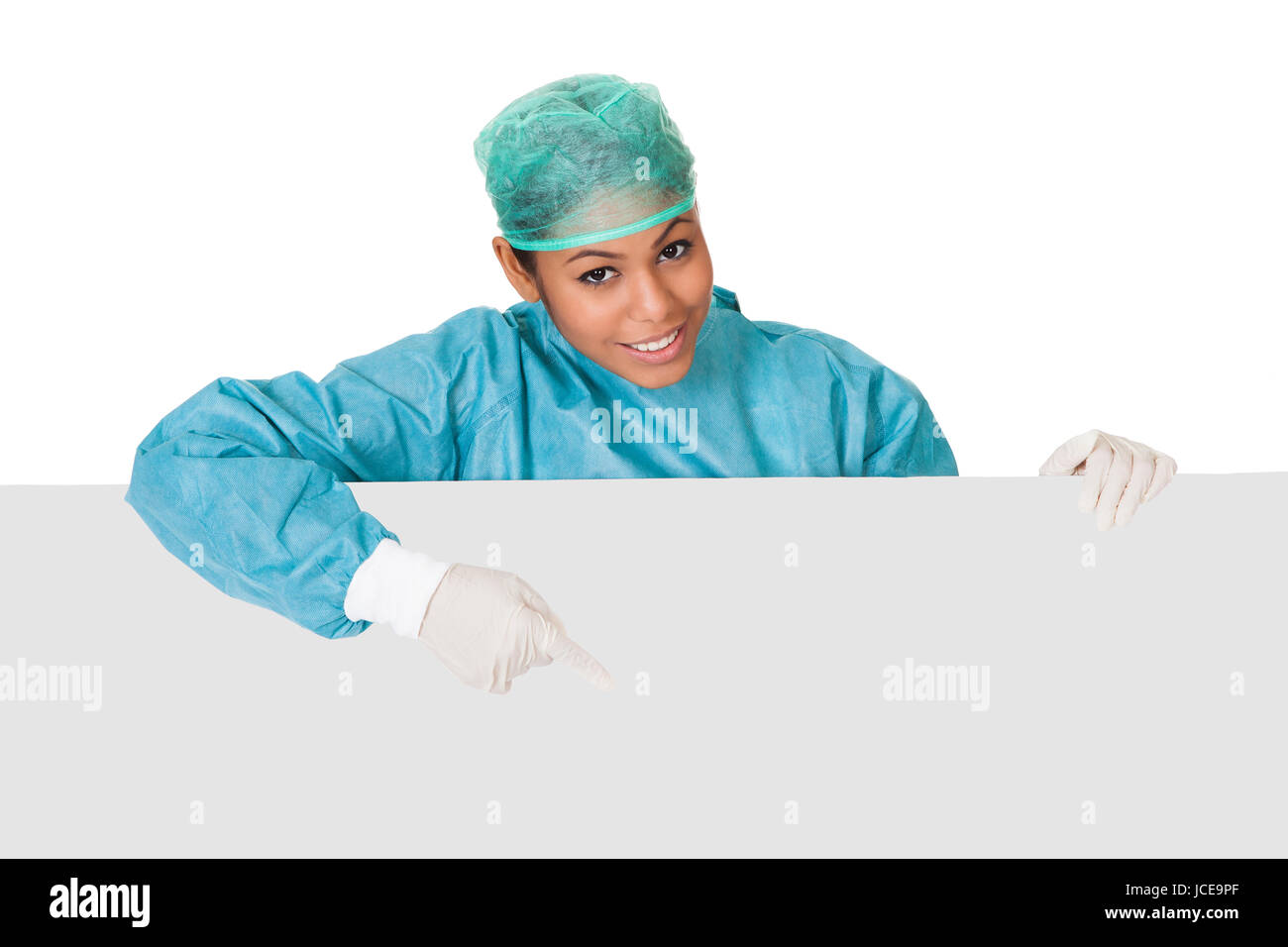 Happy Female Surgeon Holding Placard. Isolated On White Stock Photo - Alamy