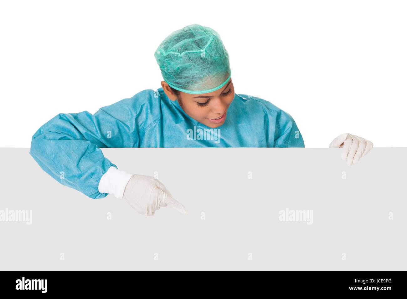 Happy Female Surgeon Holding Placard. Isolated On White Stock Photo - Alamy