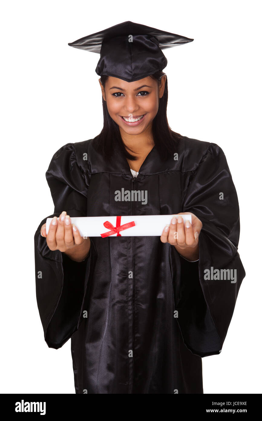 Graduate Woman Holding Certificate. Isolated On White Stock Photo - Alamy