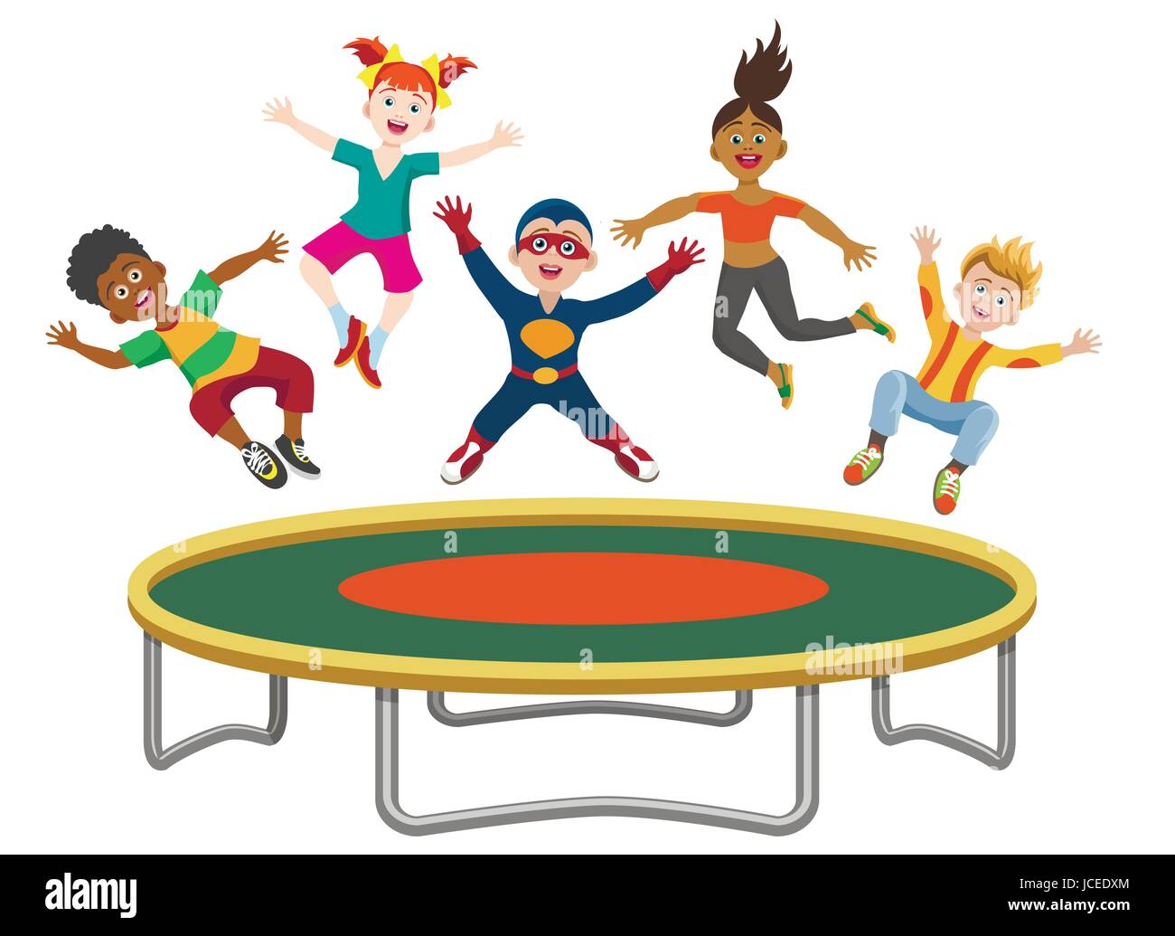 Energetic kids jumping on trampoline isolated on white background. Active happy girls and boys have fun gymnastic on the trampoline vector illustratio Stock Vector