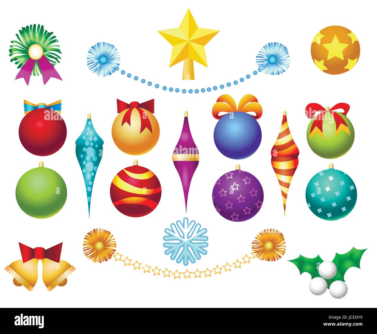 Xmas tree toys set isolated on white background. Christmas ornaments decoration balls and garlands, bells and bows vector illustration Stock Vector