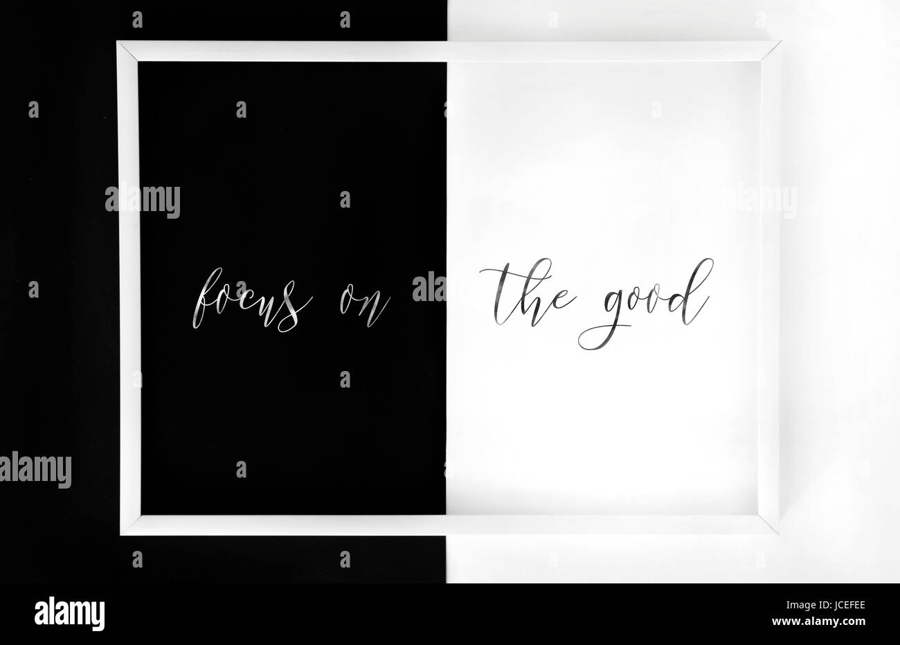 Framed 'Focus on the good' minimalistic poster. Handwritten inspirational quotes Stock Photo