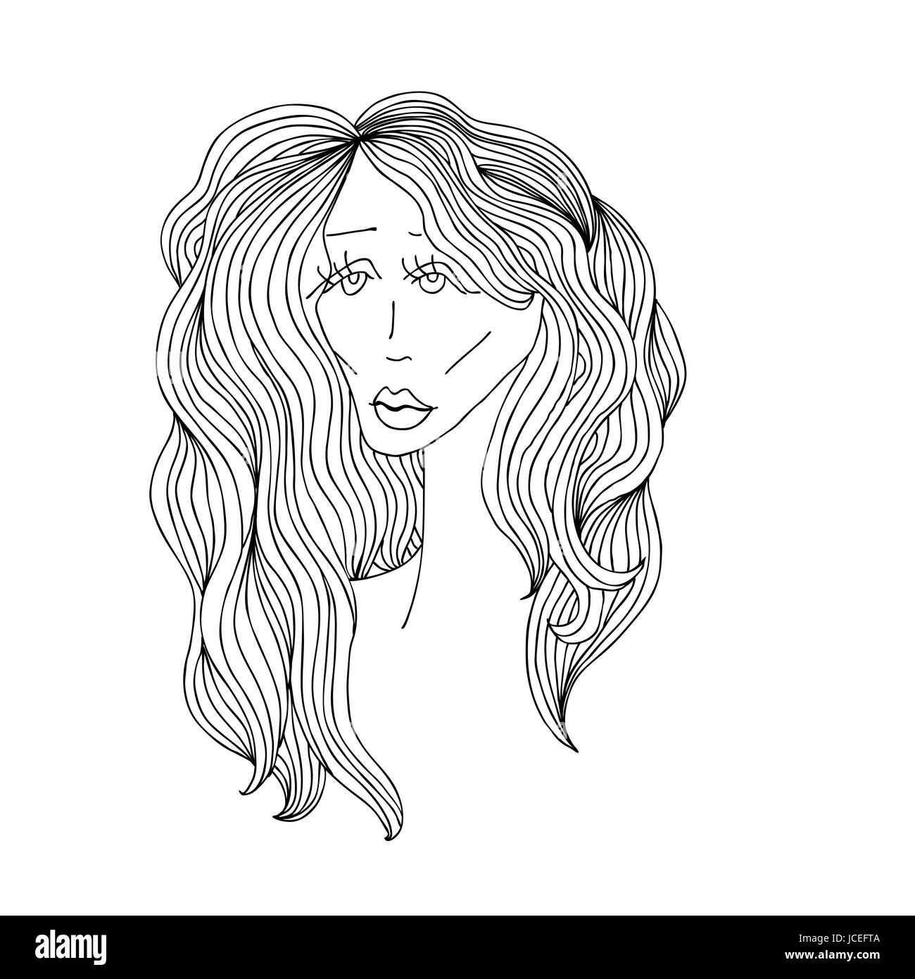 Sad woman with beautiful hair. Digital sketch grafic black and white style. Vector illustration. Stock Vector