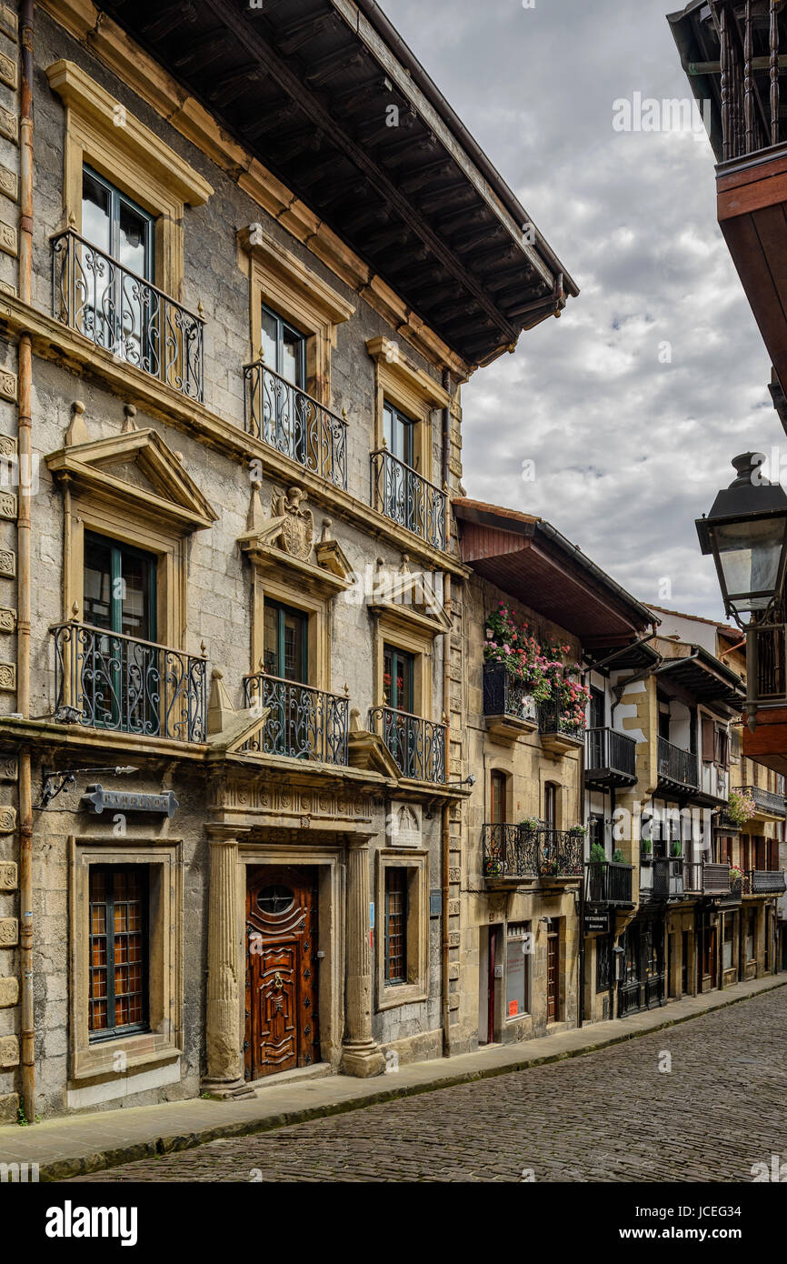 dussines, the Palace of Casadevante and the Hotel Pampinot in the Main Street, Fuenterrabia, Basque Country, Spain. Stock Photo