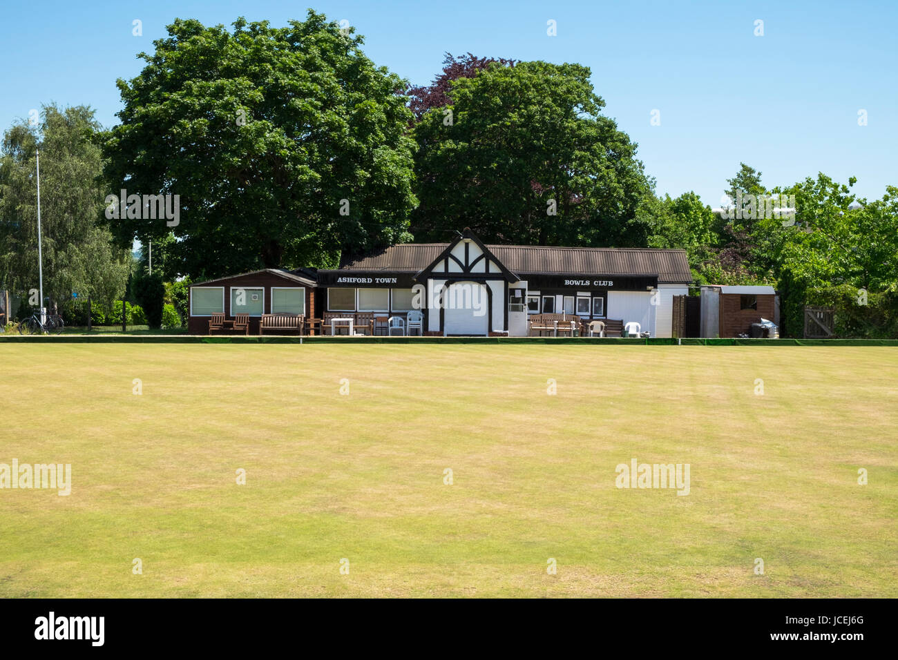 Ashford town bowls club house and lawn in town centre bright and sunny day Ashford Kent Stock Photo