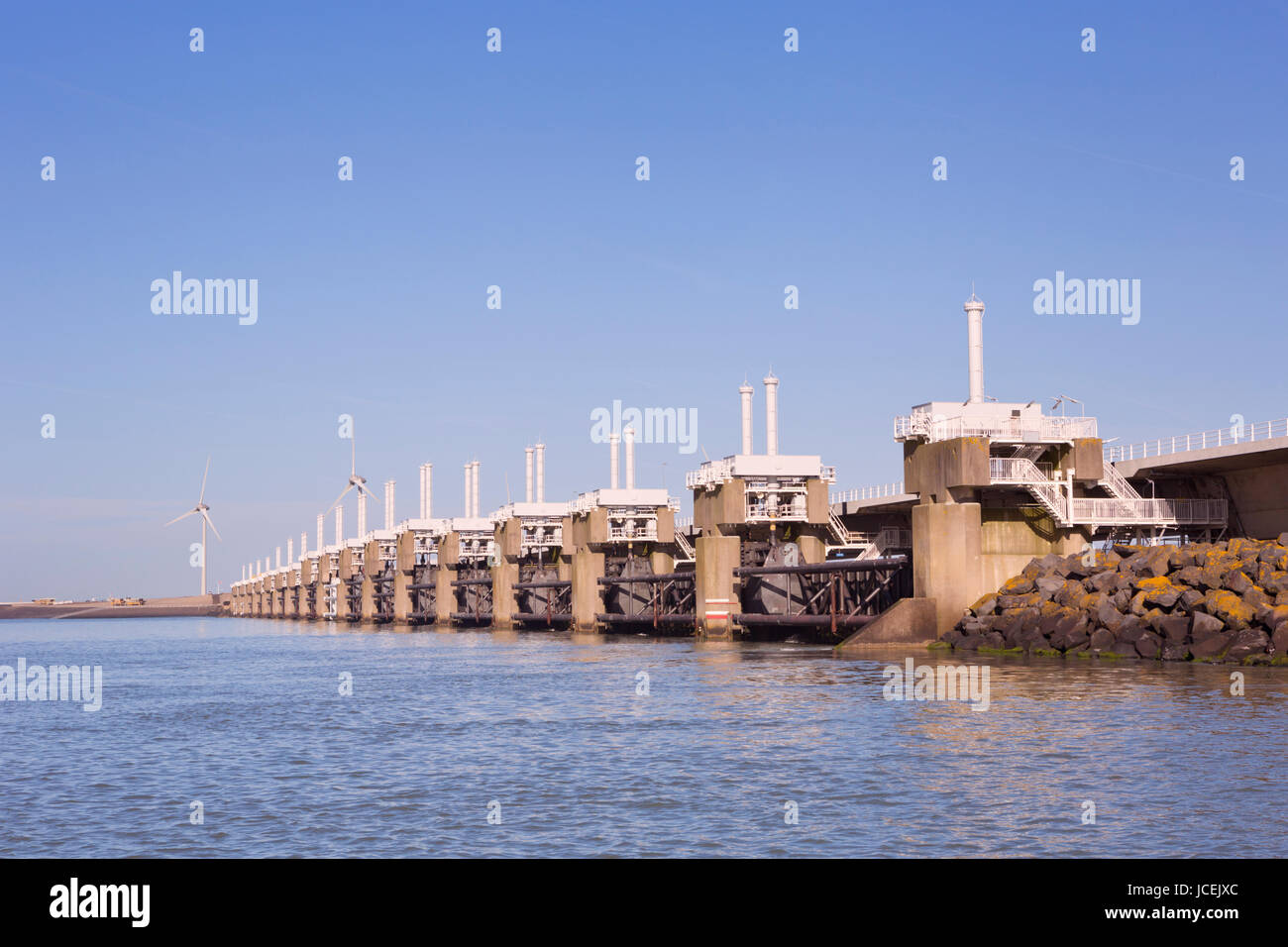 The Eastern Scheldt Storm Surge Barrier at Neeltje Jans in the province of Zeeland in The Netherlands. Stock Photo