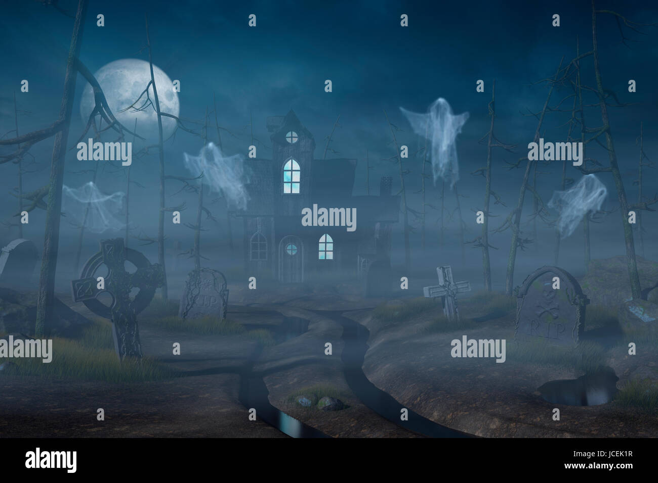 A cabin and a graveyard in a spooky and misty forest at night. Stock Photo