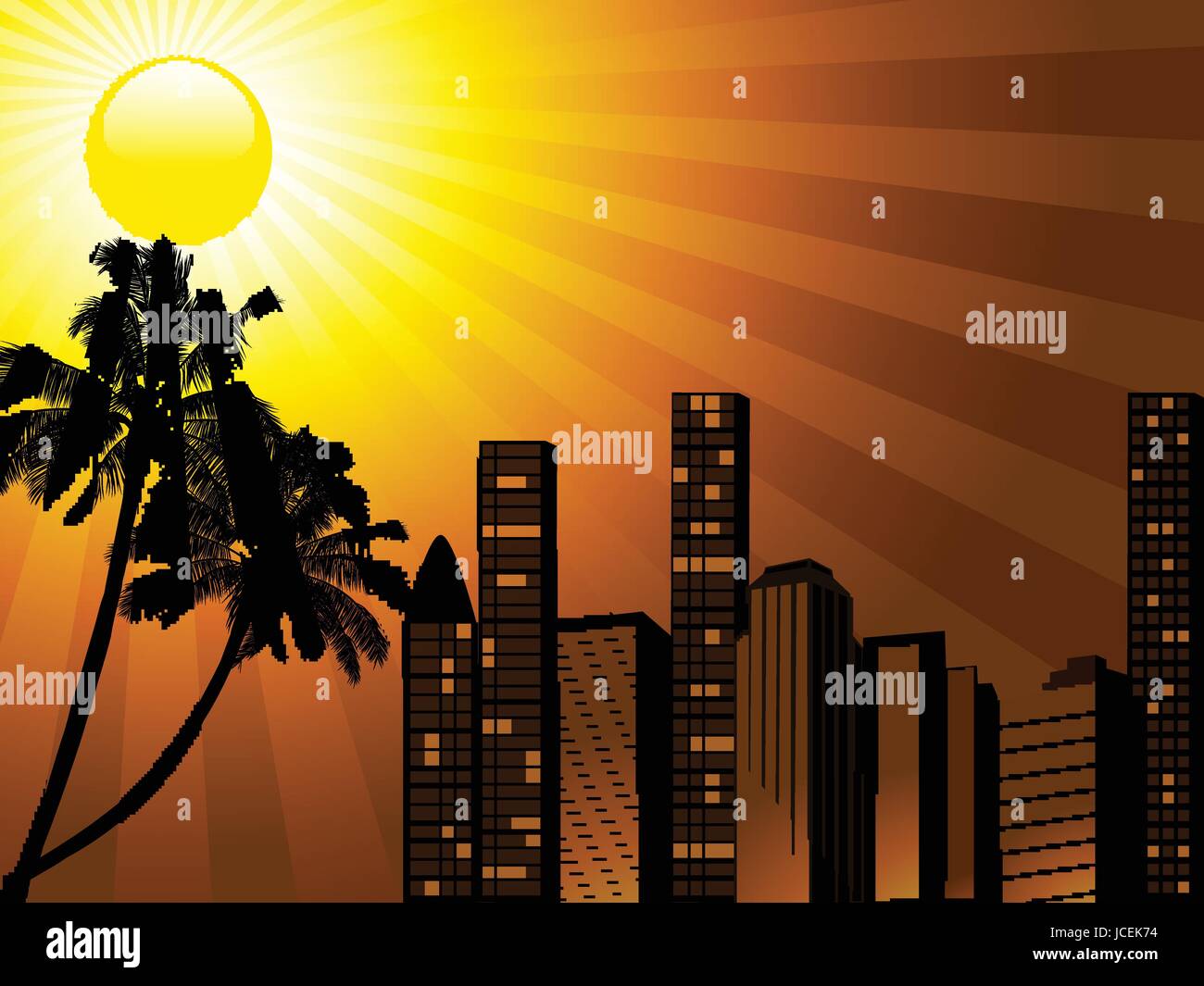 Silhouette of a Tropical City Sunset with Buildings and Palm Trees Stock Vector