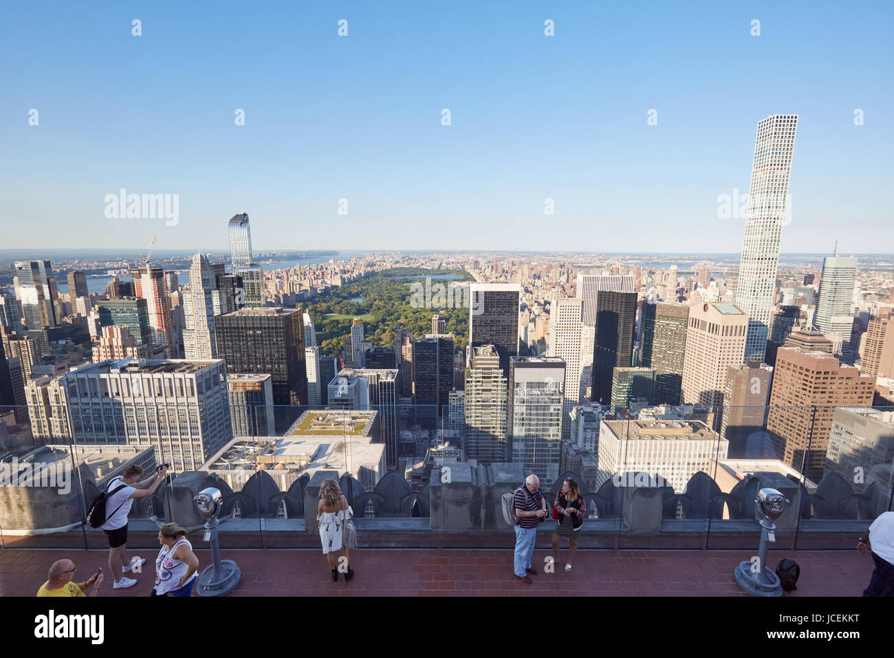 NEW YORK - SEPTEMBER 12: Rockefeller Center observation deck with people, Central Park and city skyline view in a sunny day on September 12, 2016 Stock Photo