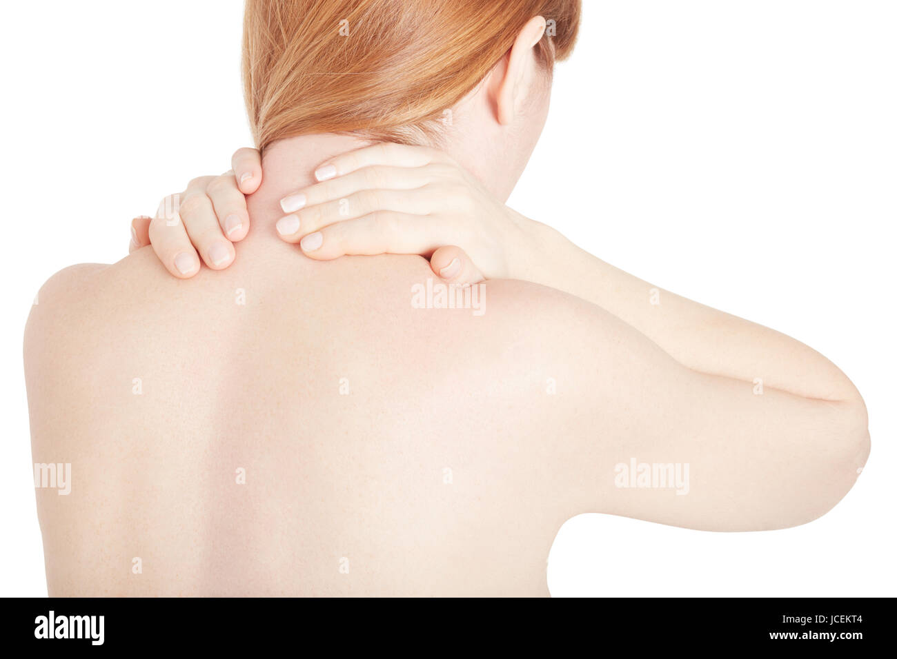 Woman holds both hands on neck painful area isolated on white, clipping path Stock Photo