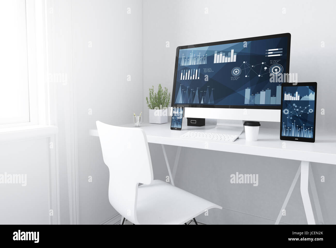 3d rendering of devices on desktop. financial graphics on screen Stock ...