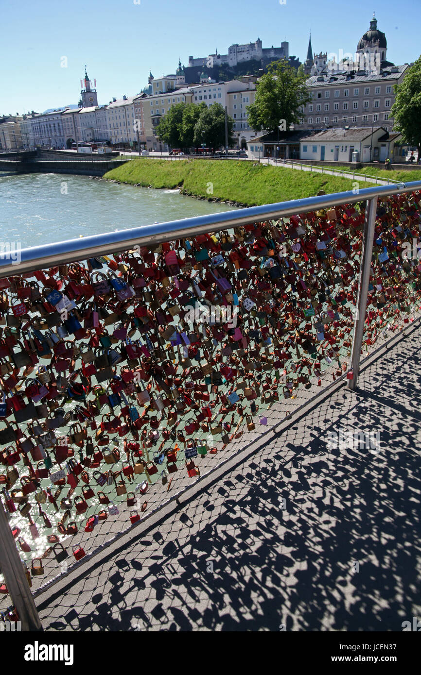 romantic padlocks on a bridge in Salzburg, Austria Stock Photo