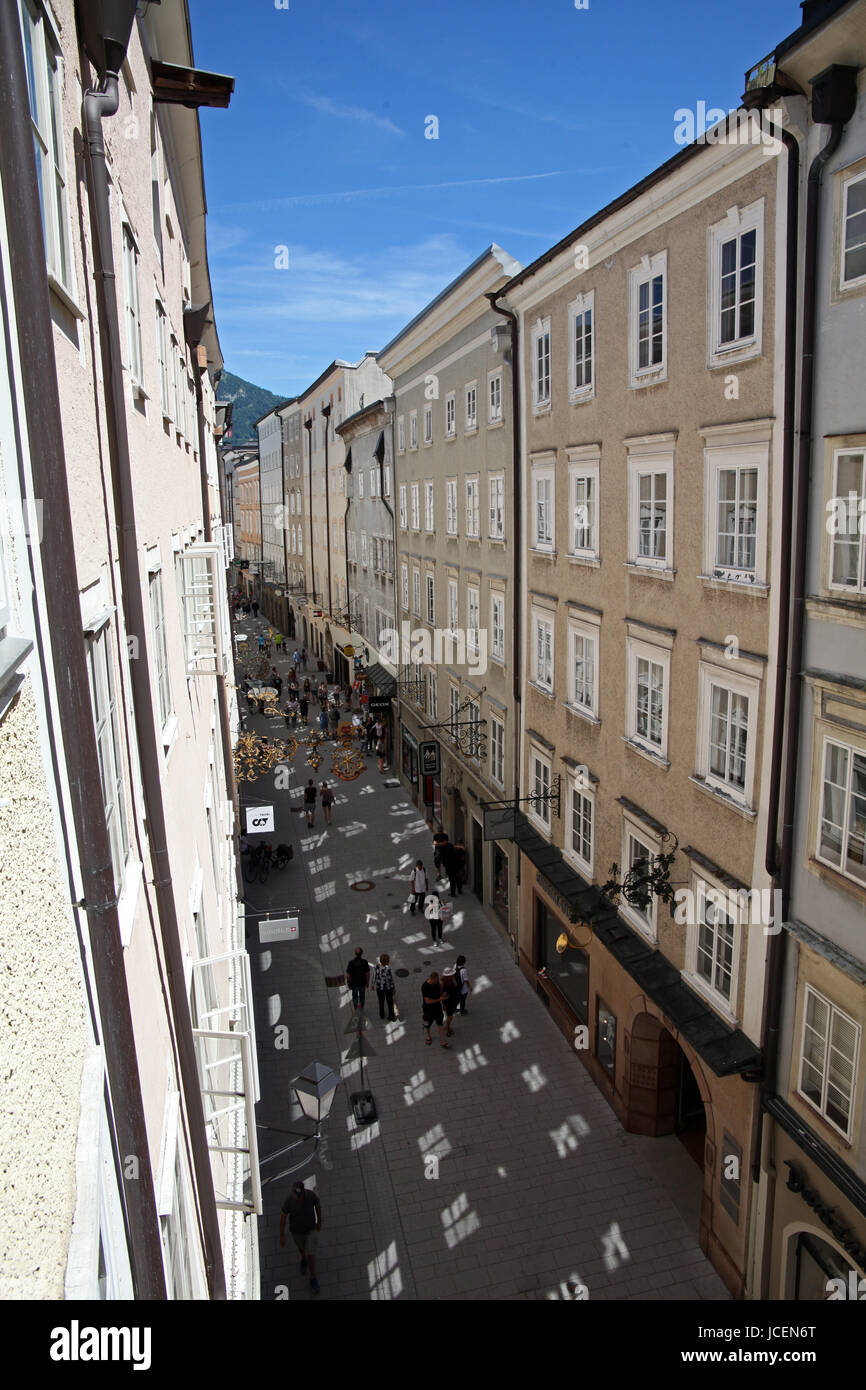 a view down Getreidegasse in Salzburg city centre, Austria Stock Photo