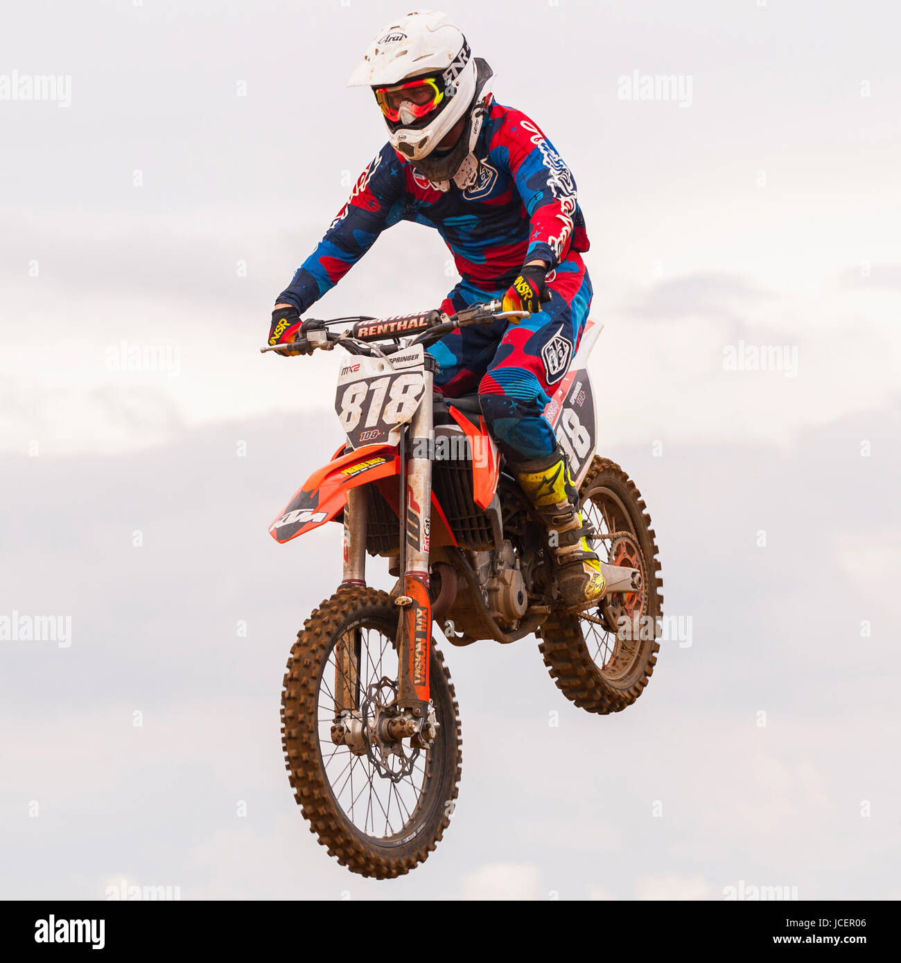 Motocross bike scrambler jumping on a uk track Stock Photo