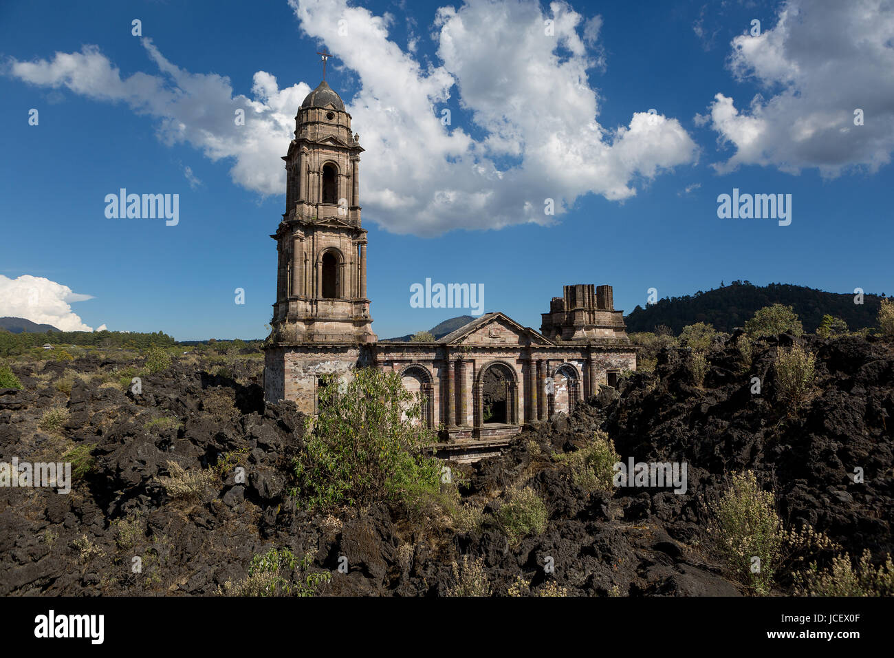 San Juan Parangaricutiro Church covered by lava flow fromthe Paricutin volcano in Mexico Stock Photo