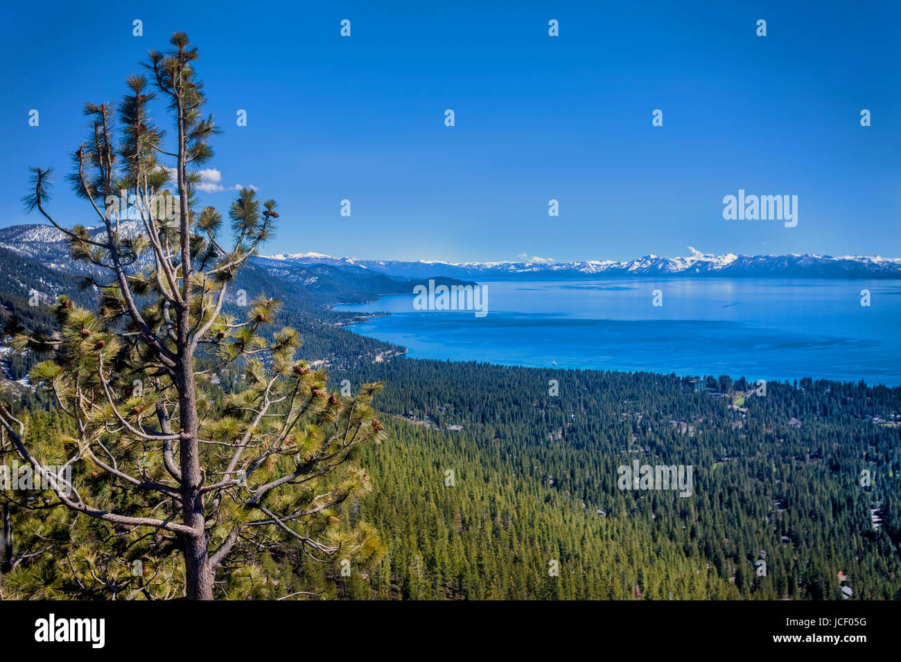 This scene is taken above Incline Village, Nevada looking to the South toward South Lake Tahoe, California on a winder day. Stock Photo