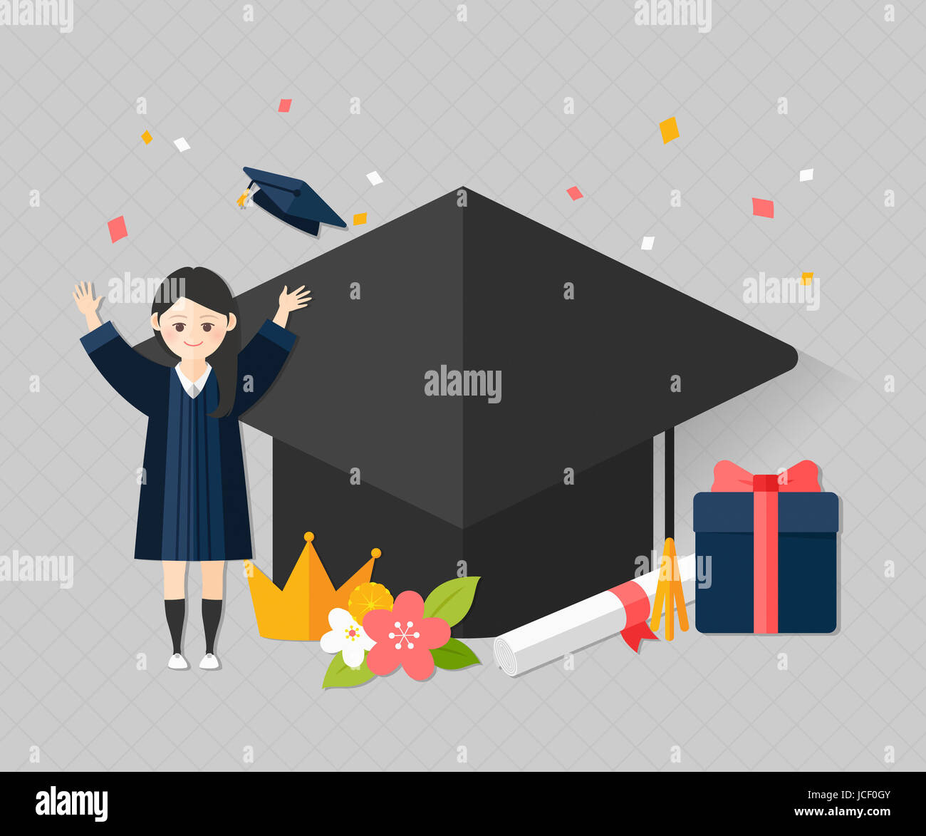 Copy space with smiling female graduate raising her hands Stock Photo ...