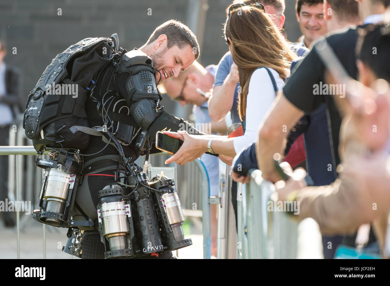 London, UK. 14th June, 2017. Richard Browning 'Iron Man', founder of Gravity, makes a flight in his jet powered flight suit during London Tech Week at Victoria Dock Square. © Guy Corbishley/Alamy Live News Stock Photo