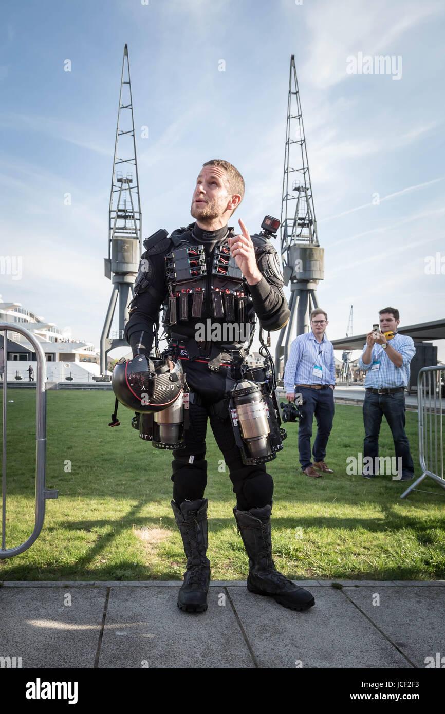 London, UK. 14th June, 2017. Richard Browning 'Iron Man', founder of Gravity, makes a flight in his jet powered flight suit during London Tech Week at Victoria Dock Square. © Guy Corbishley/Alamy Live News Stock Photo