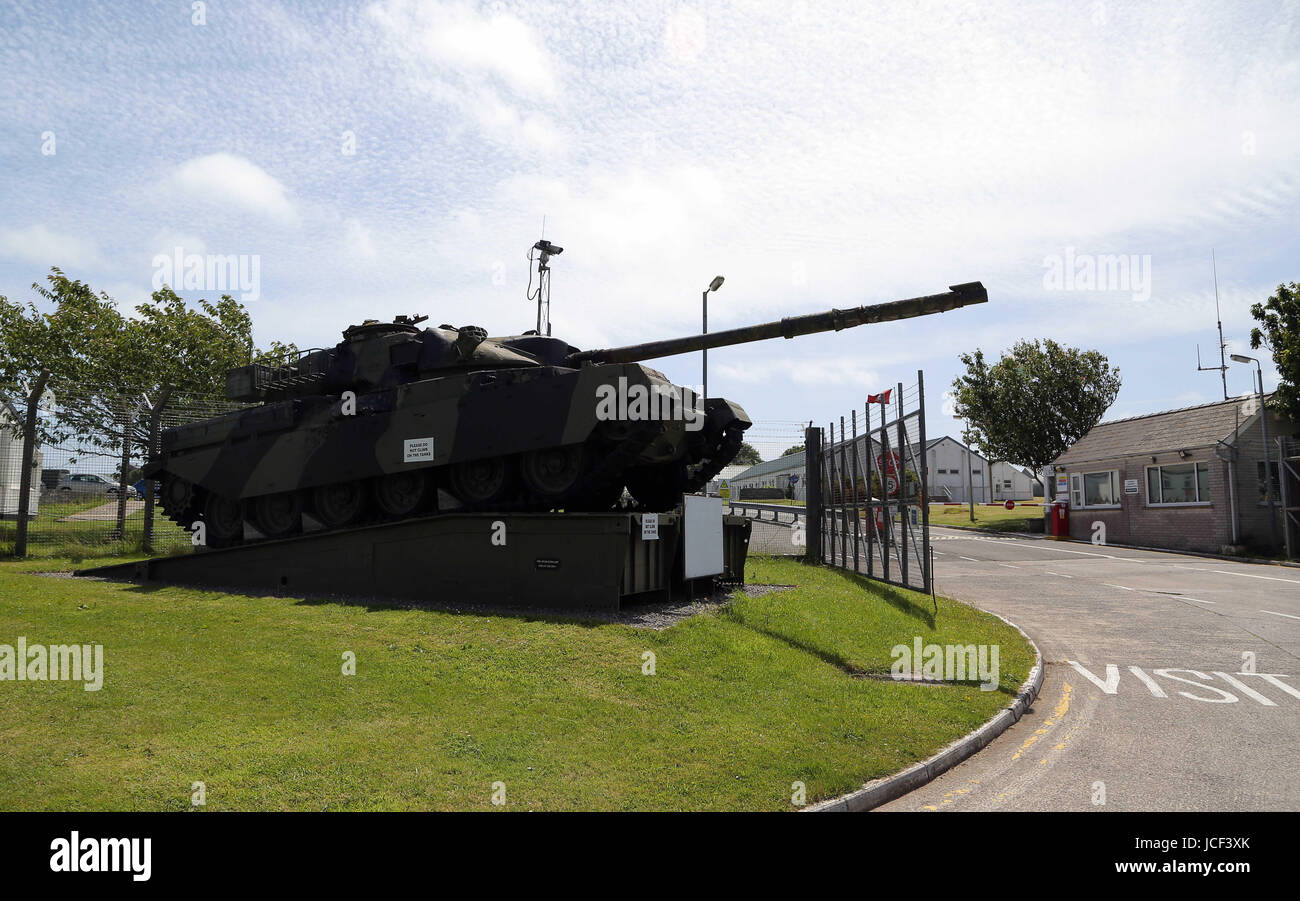 Castlemartin, UK. 15th June, 2017. A tank by the entrance to Castlemartin range. A soldier has been killed and three others injured after an incident involving a tank at Castlemartin Range in Pembrokeshire, Wales, UK Credit: D Legakis/Alamy Live News Stock Photo