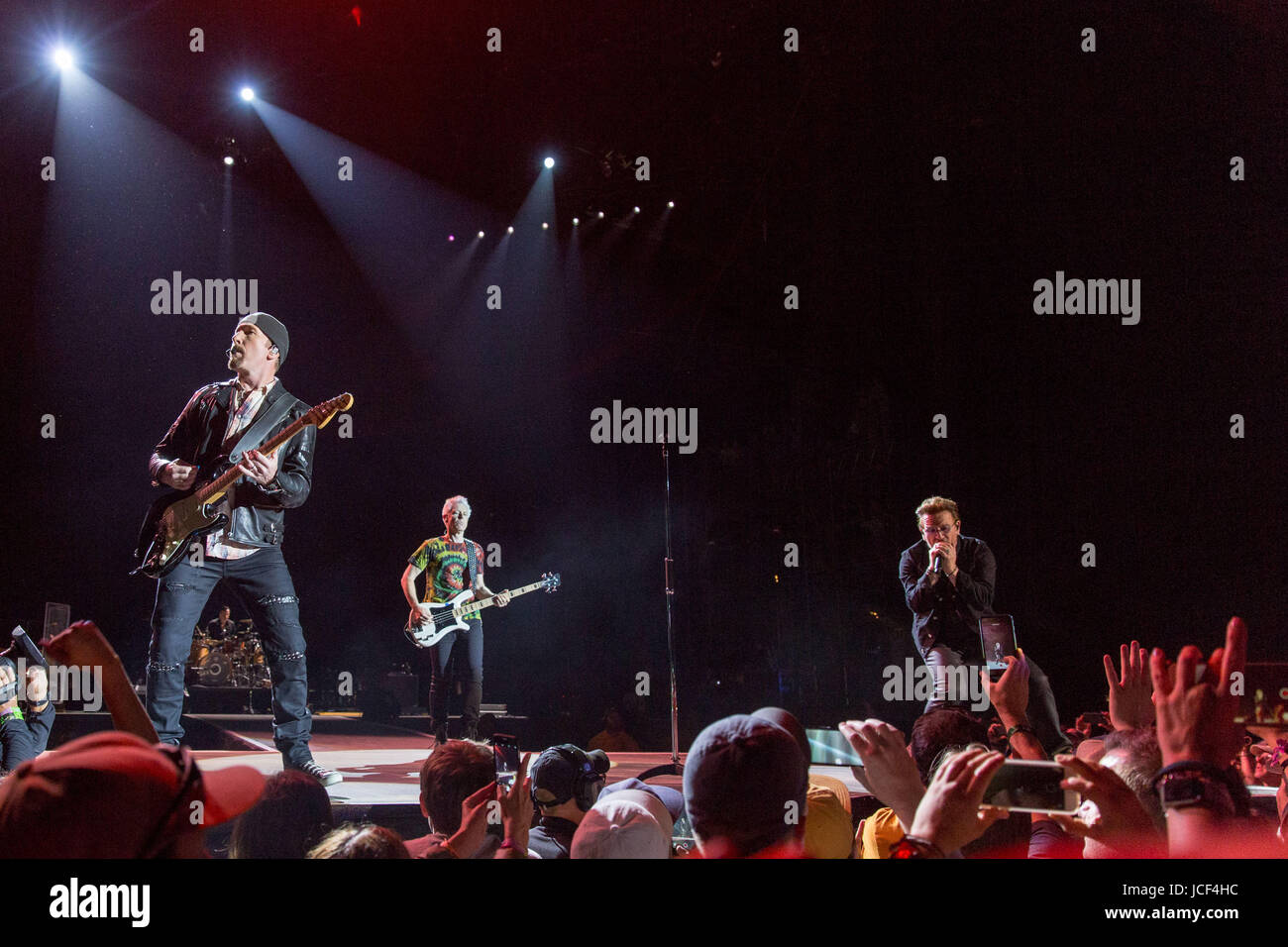 Manchester, Tennessee, USA. 9th June, 2017. THE EDGE, ADAM CLAYTON and BONO of U2 during Bonnaroo Music and Arts Festival at Great Stage Park in Manchester, Tennessee Credit: Daniel DeSlover/ZUMA Wire/Alamy Live News Stock Photo