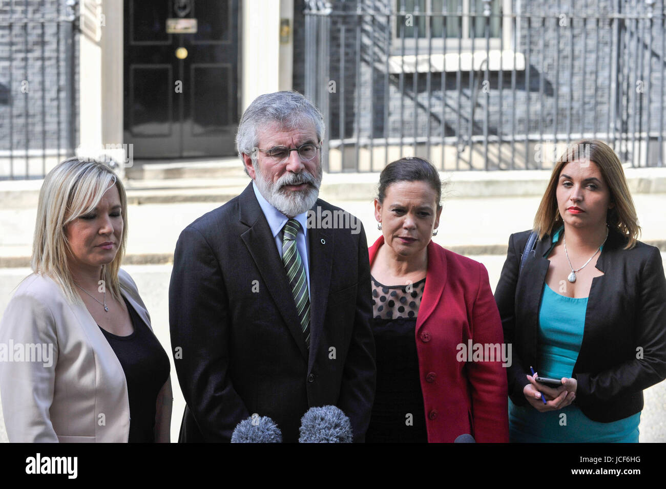 London, UK. 15th June, 2017. (L to R) Michelle O'Neill, leader of Sinn Féin, Gerry Adams, President, Mary Lou McDonald and Elisha McCallion give a press conference outside Number 10. Members of the Northern Ireland Assembly visit Downing Street for talks with Prime Minister Theresa May following the results of the General Election. The Conservatives are seeking to work with the Democratic Unionist Party in order to form a minority government. Credit: Stephen Chung/Alamy Live News Stock Photo