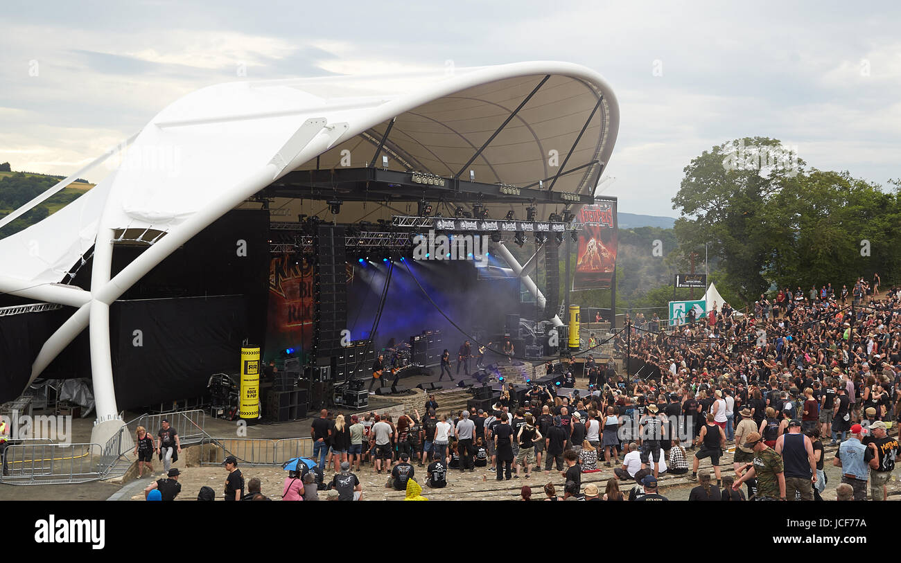 Rockfans stand in front of the new stage roof of the open air stage Loreley  for the first time at the festival 