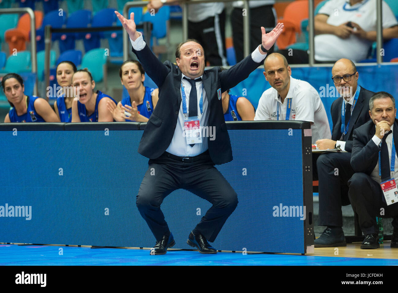 Coach of Italy ANDREA CAPOBIANCO reacts during the FIBA Women's European Basketball Championship match between Belarus and Italy in Hradec Kralove, Czech Republic on June 16, 2017. (CTK Photo/David Tanecek) Stock Photo