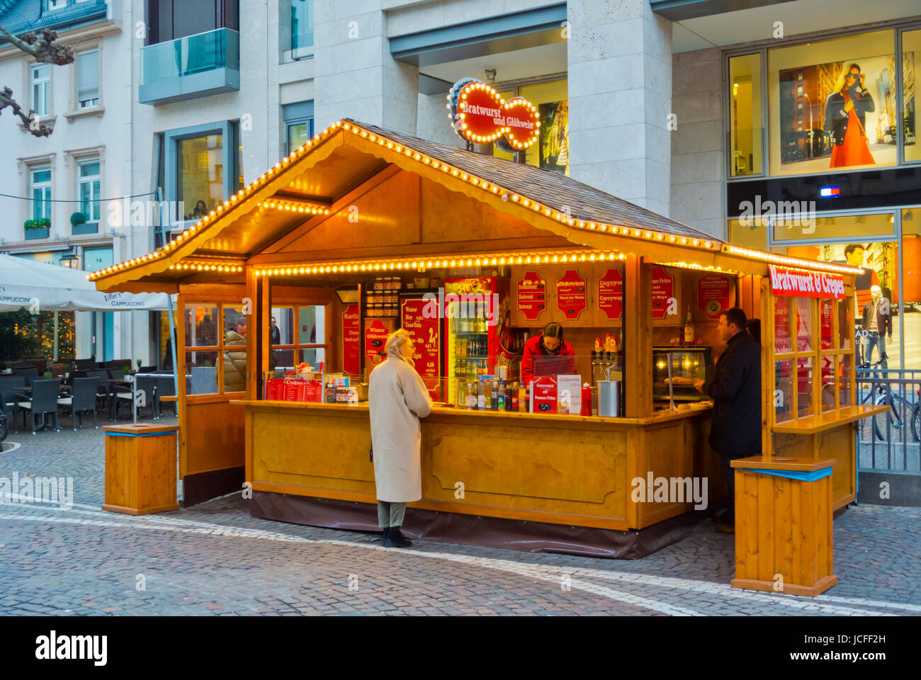 Bratwurst sausage fast food kiosk, Fressgass, Grosse Bockenheimer Strasse, Frankfurt am Main, Hesse, Germany Stock Photo