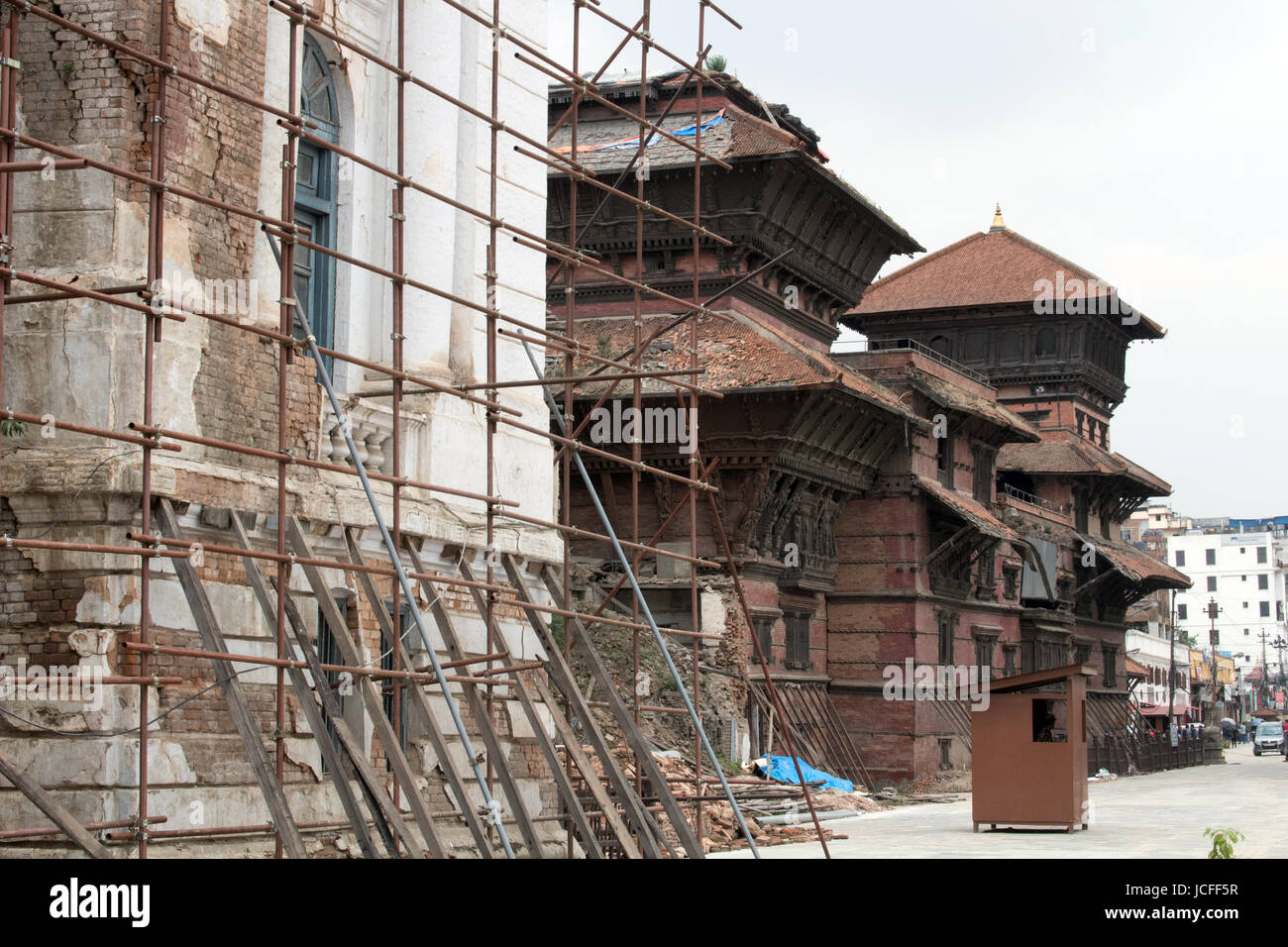 The scaffolding clad Gaddi Baithak and neighbouring building Kathmandu Durbar Square Basantapur Darbar Kshetra Stock Photo