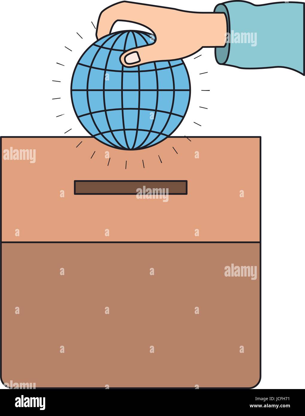 colorful silhouette front view hand with flat globe earth world chart ...