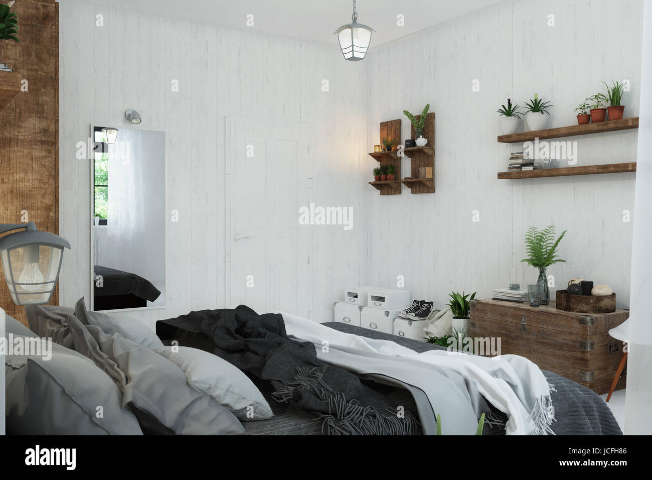 3D Interior rendering of a white bedroom Stock Photo - Alamy