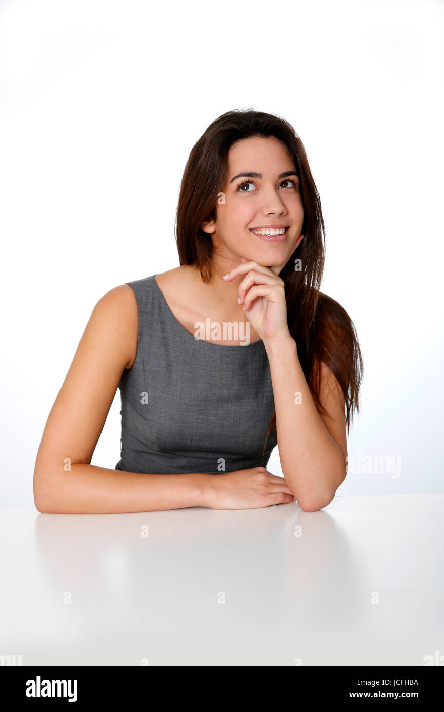 Beautiful woman on white background smiling at camera Stock Photo - Alamy