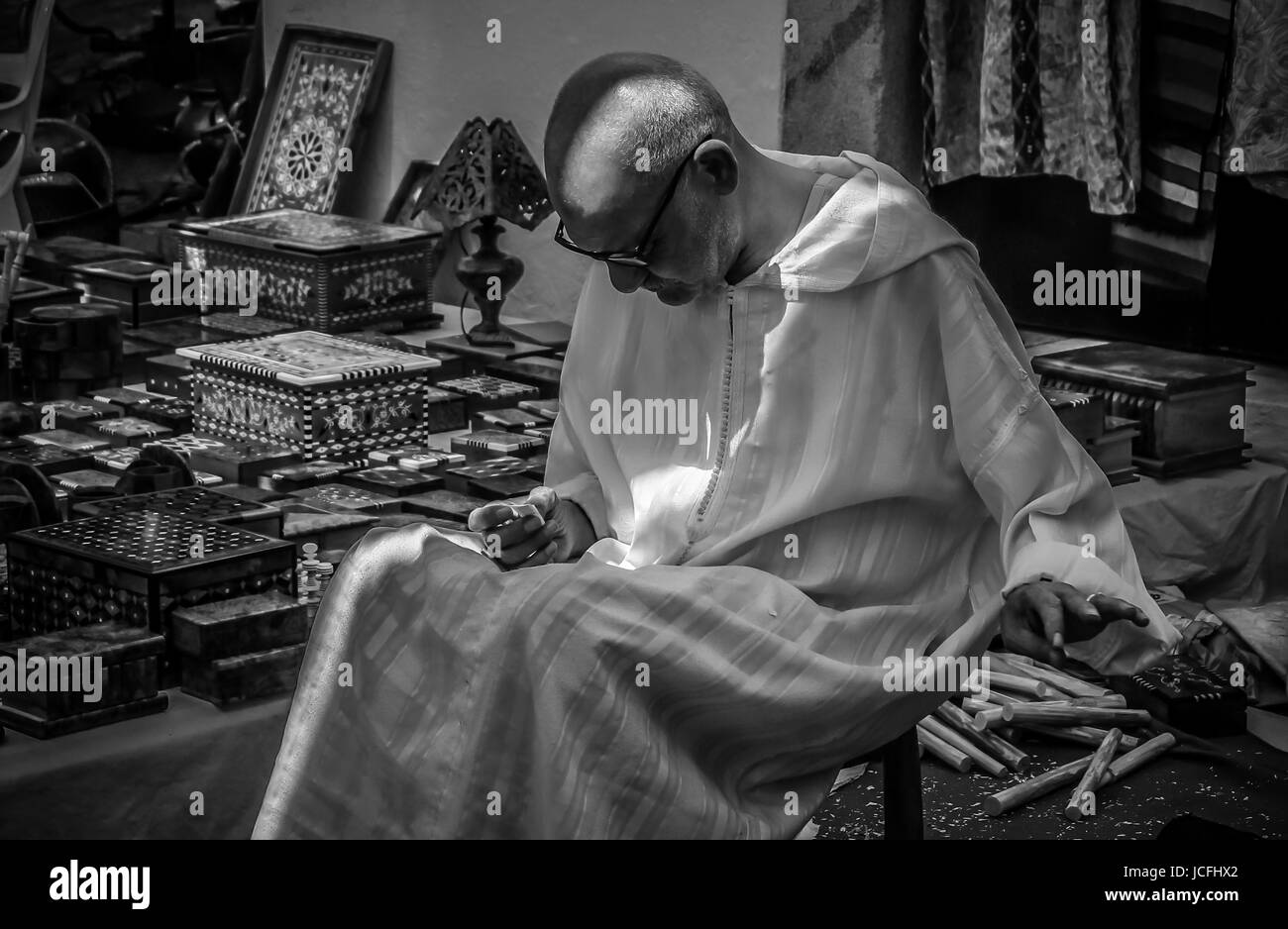 Craftsman in a Islamic street market in Mertola in Portugal. May 2017 Stock Photo