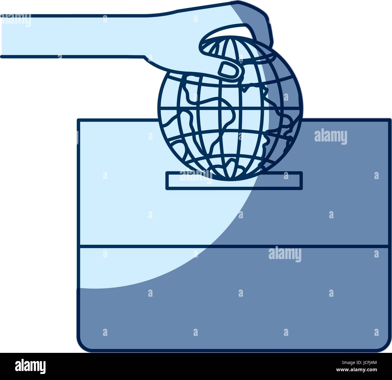 blue color silhouette shading of front view hand with flat globe earth ...