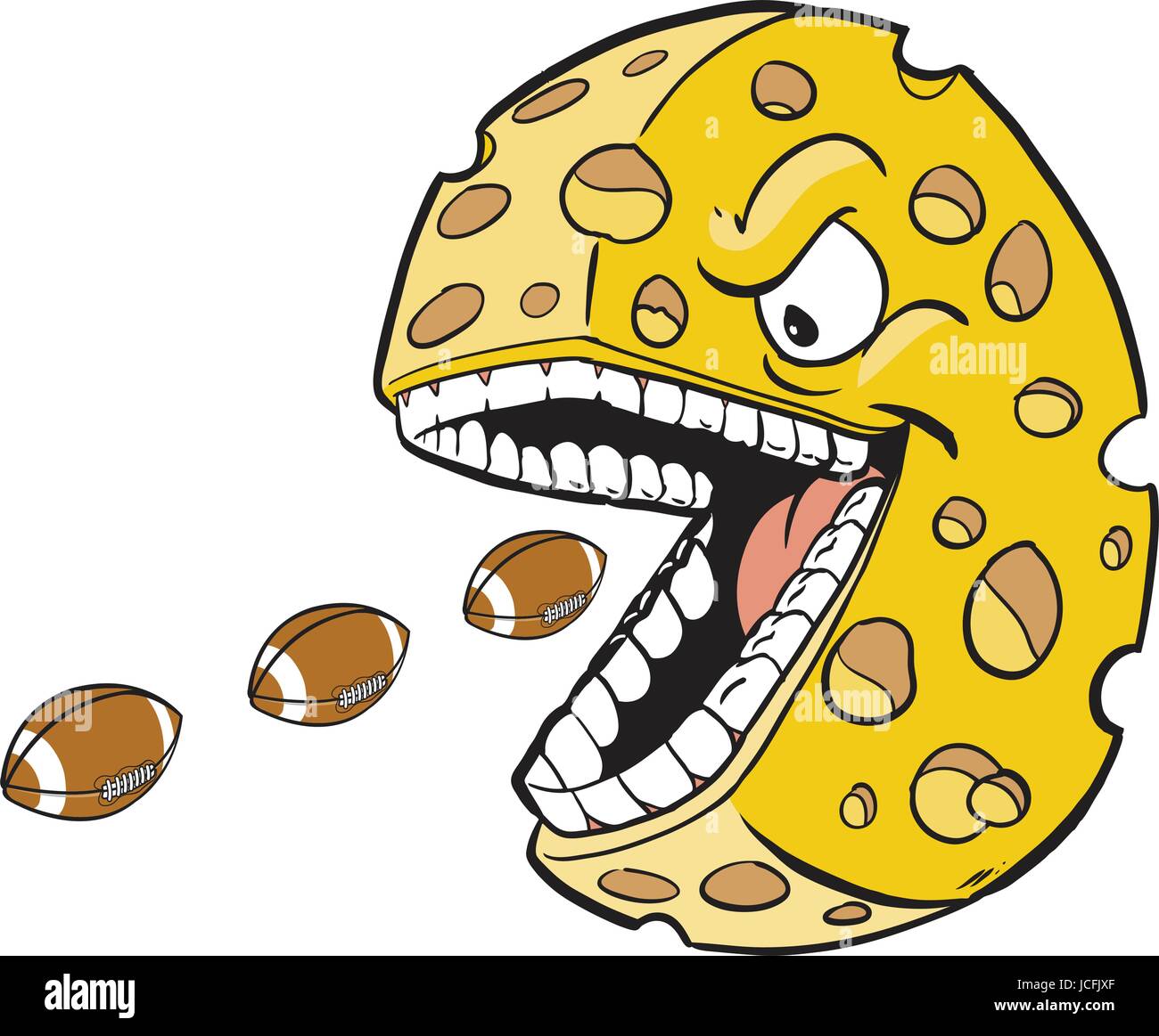 Vector cartoon clip art illustration of a cheese wheel or head mascot with a face and mouth eating footballs, which are on separate layer. Stock Vector