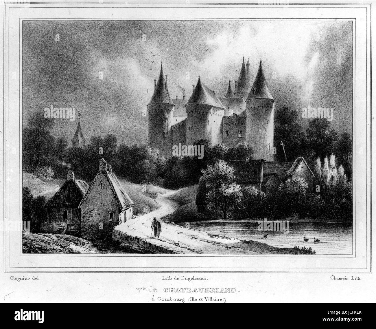 The Château de Combourg (Castle of Combourg) where French writter Chateaubriand lived as a young man.  Lithograph by Godefroy Engelmann  19th century Stock Photo