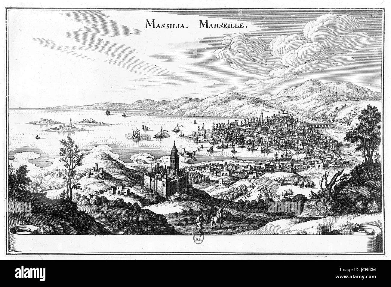 View over the city of Marseilles  17th century  Engraving Stock Photo