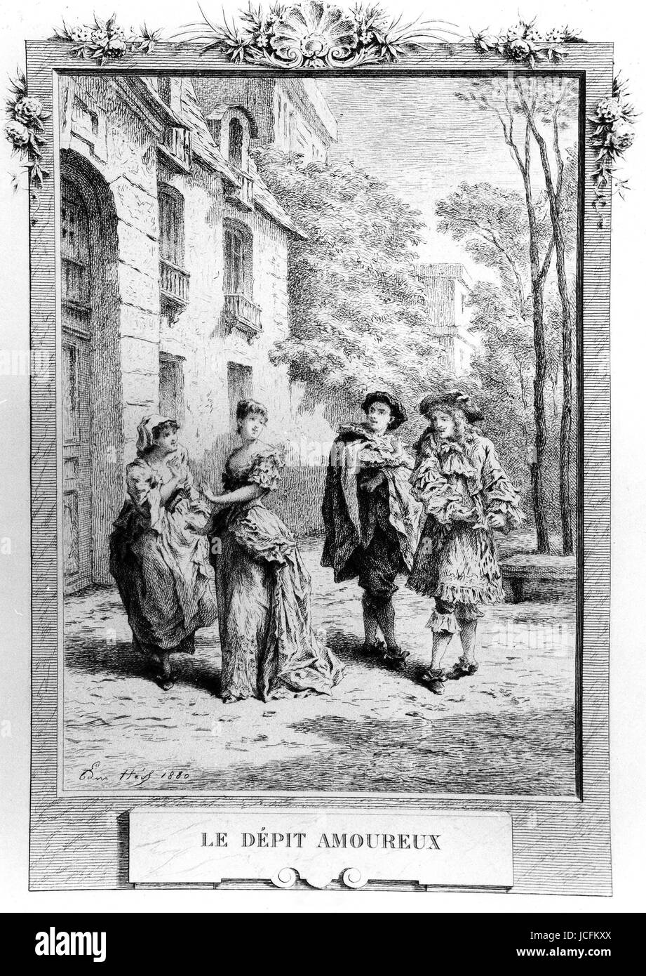 Illustration of works of Molière:  ' spite in love '. Engraving of XVIIIth century Stock Photo
