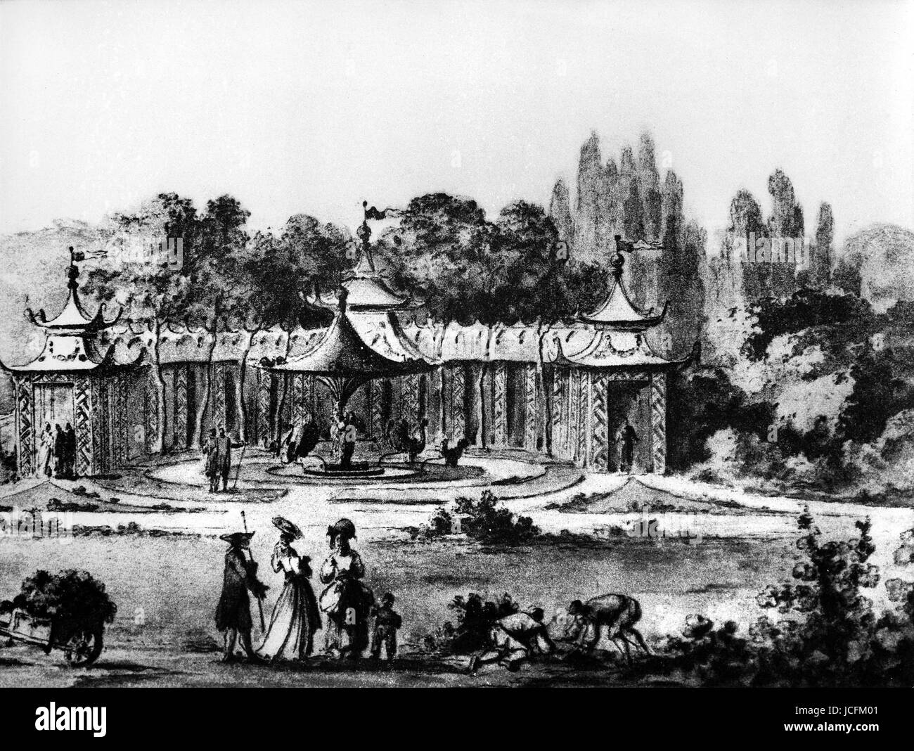 The Petit Trianon in Versailles.  The Chinese Ring Play, one of Marie-Antoinette's favourite games.  18th century  Engraving Stock Photo