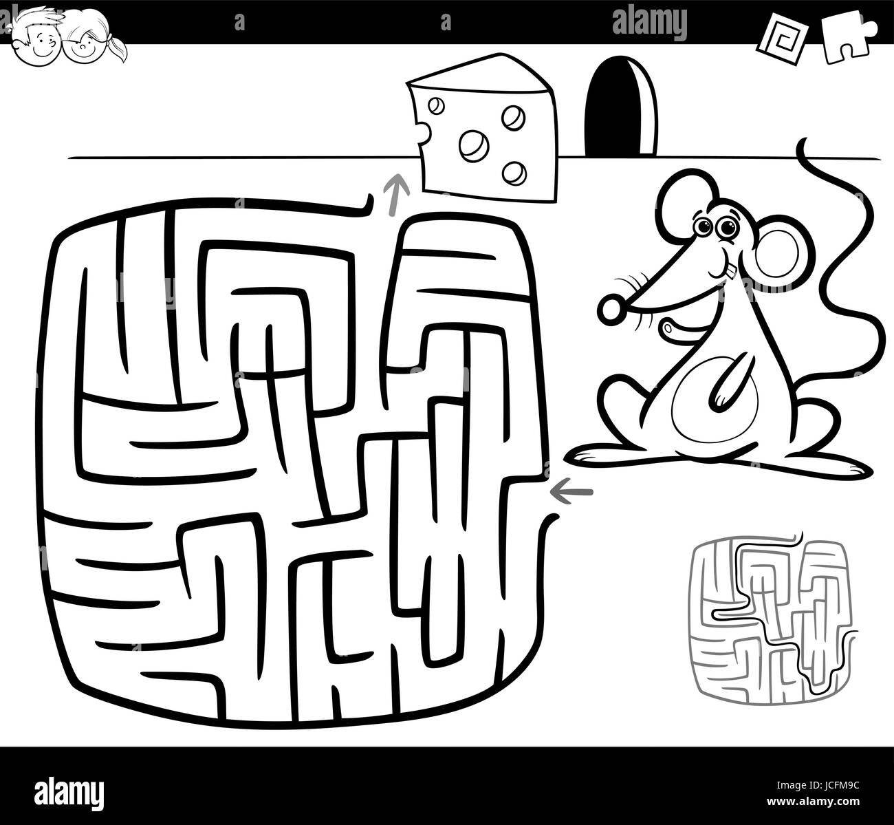 Black and White Cartoon Illustration of Education Maze or Labyrinth Game for Children with Mouse and Cheese Coloring Page Stock Vector