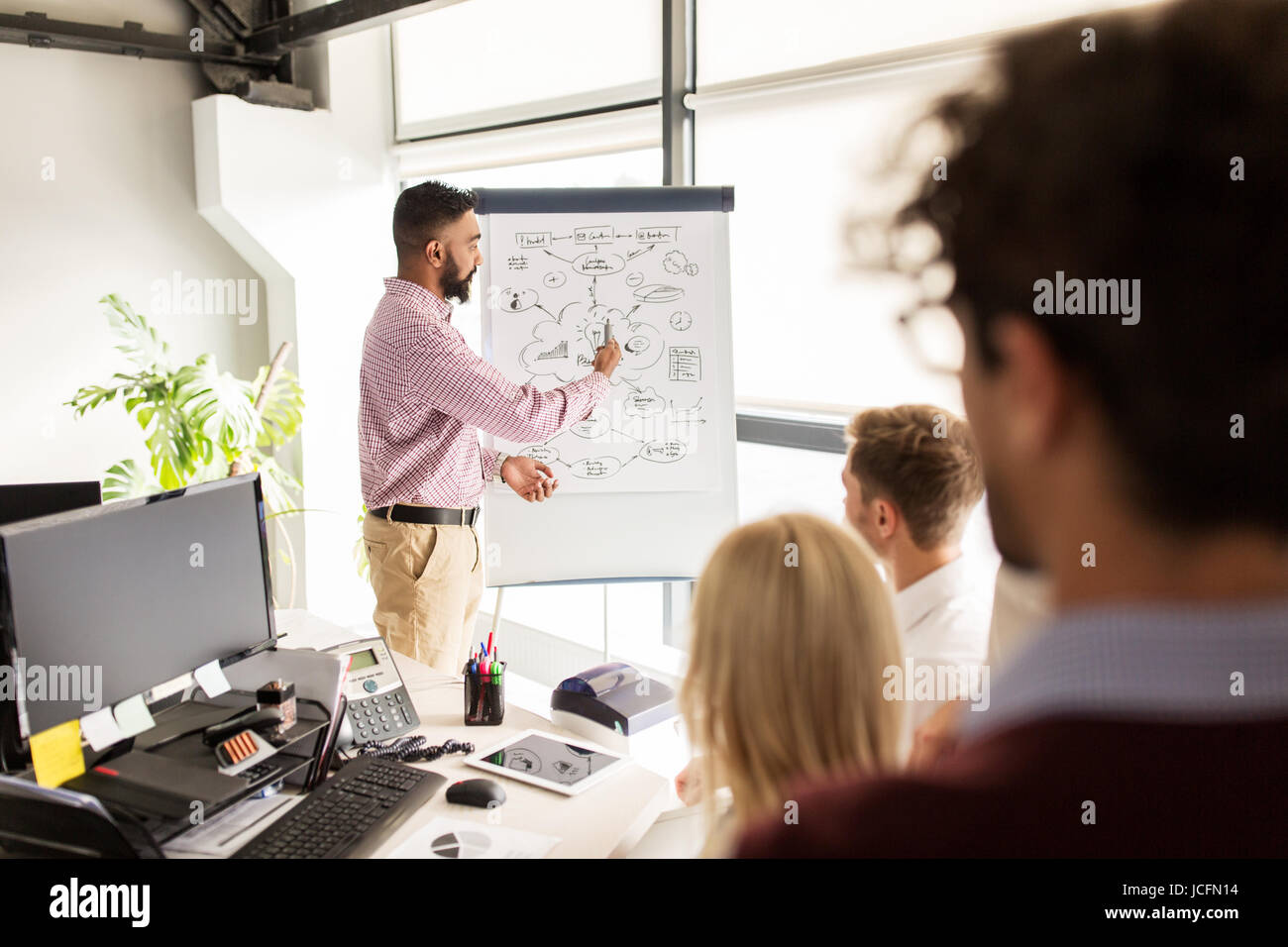 business team with scheme on flipboard at office Stock Photo