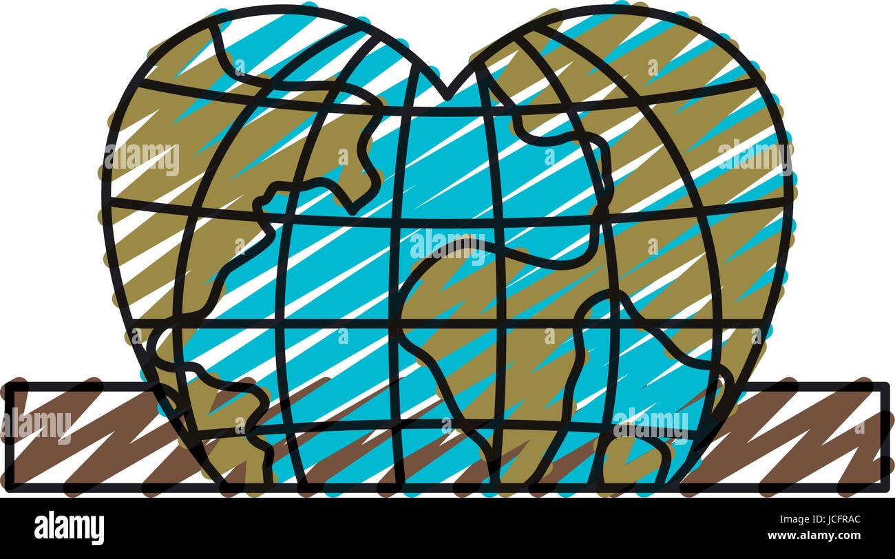 color crayon silhouette closeup flat globe earth world in heart shape ...