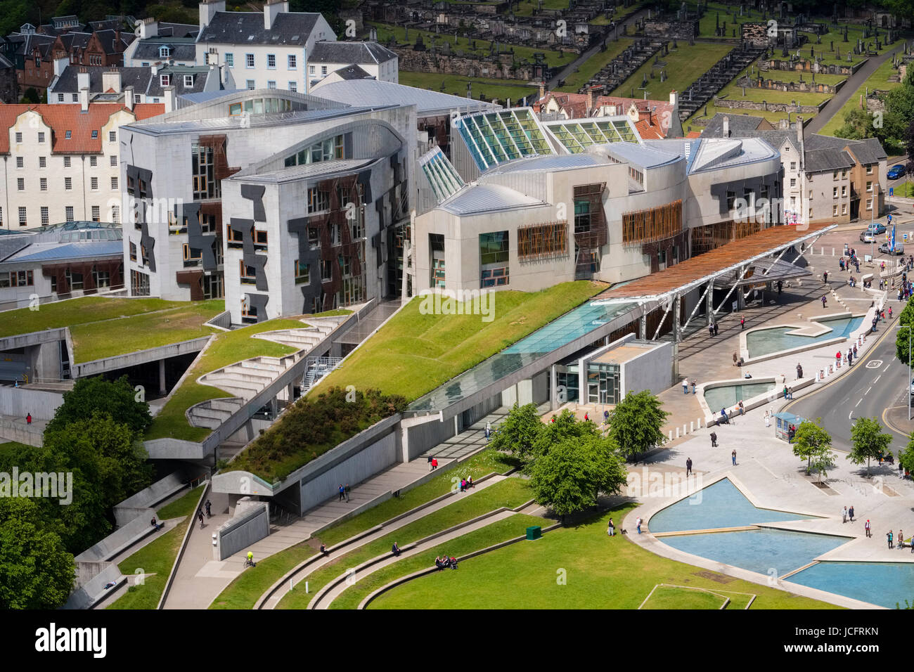 View of exterior of Scottish Parliament building at Holyrood in Edinburgh, Scotland, United