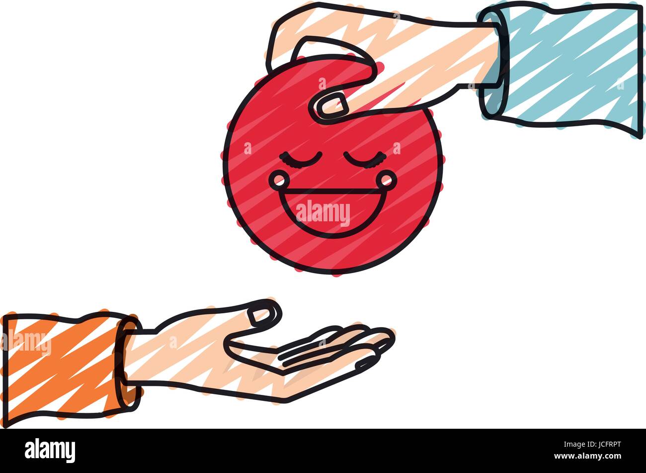 color crayon silhouette palm human holding a red happy face symbol to ...